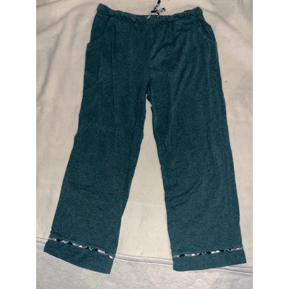 Sleep Sense Womens M Pajama Pants Teal Heathered Plaid Trim Wide‎ Leg Pockets